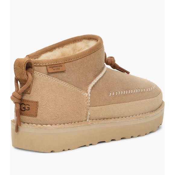 UGG Ultra Mini Tan Regenerate Leather & Shearling boots M6 W7 $190 ret NWT & Box - Picture 5 of 9